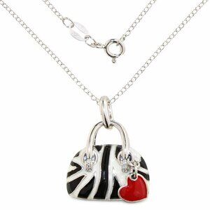 Black White Enamel Handbag Pendant Necklace Natural Diamond Accent Heart Charm